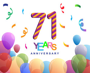 71st years anniversary celebration with colorful balloons and confetti, colorful design for greeting card birthday celebration