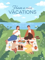 Gordijnen Vertical card with happy family at picnic outdoors. Parents and children eating food in nature on summer vacations. Mother, father and kids resting together outside. Colored flat vector illustration © Good Studio