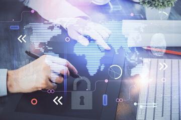 Multi exposure of man's hands holding and using a digital device and map drawing. International business concept.