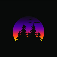 sunset forest vector logo design