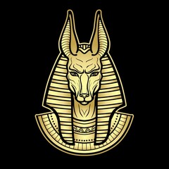 Animation portrait Ancient Egyptian god Anubis. Deity with canine head. God of death. Vector illustration isolated on a black background. Gold imitation. Print, poster, t-shirt, tattoo.