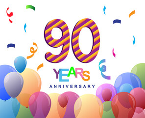 90th years anniversary celebration with colorful balloons and confetti, colorful design for greeting card birthday celebration