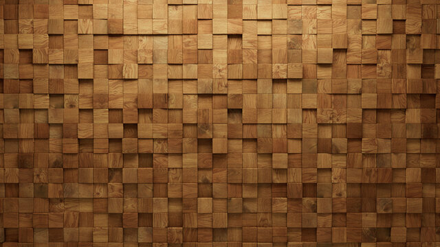 Wood, Soft sheen Mosaic Tiles arranged in the shape of a wall. Square, Timber, Blocks stacked to create a 3D block background. 3D Render
