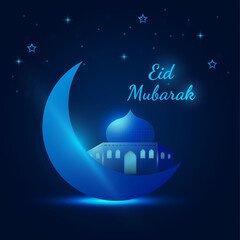 Obraz na płótnie Canvas Beautiful blue neon festive islamic eid mubarak banner with moon and mosque