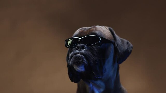 Portrait of boxer dog wearing sunglasses on dark background.