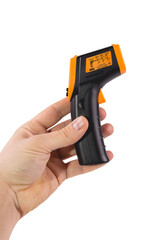 A man holds a yellow-black pyrometer. A device for non-contact temperature measurement. Studio photo of the subject isolated on white background.