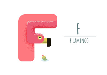 Fototapeta premium cute pink flamingo in the form of F and a small fish . children's alphabet. poster, postcard.