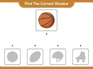 Find the correct shadow. Find and match the correct shadow of Basketball. Educational children game, printable worksheet, vector illustration