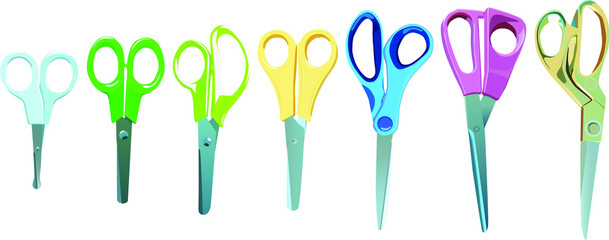 A set of scissors 7 pieces. Vector illustration of scissors for sewing, manicure, office.