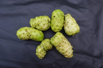 Noni fruits or morinda oleifera fruits on black background