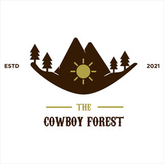 Cowboy Hat Forest Mountain And Sun Logo Illustration. Vintage Style.