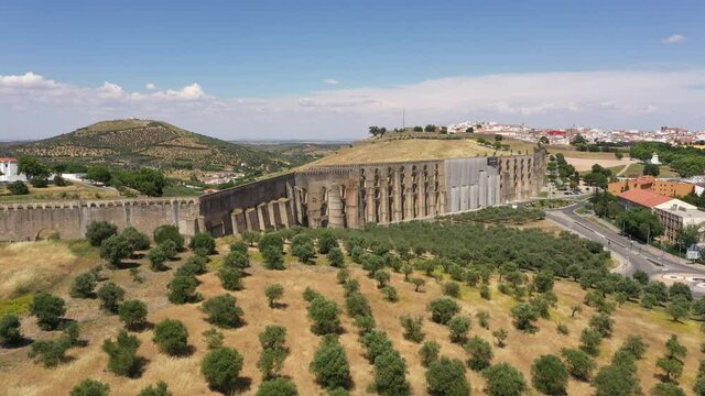 Aerial view of historic Amoreira Aqueduct monument in Elvas (used to transport water to the fortified town), in Portugal
