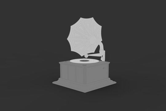 Old retro vintage gramophone with copy space in toon art line style isolated on dark grey background 3d rendering image