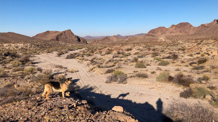 German shepherd in the desert mountains
