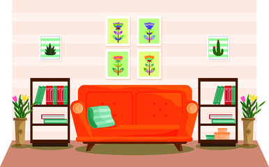 Living room interior design with furniture: sofa, bookcase, flower vase and picture frames. Flat style vector illustration
