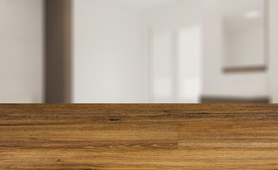 Background with empty wooden table. Flooring. Modern Bathroom Interior Design. 3D rendering.