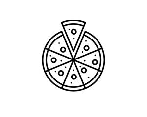 Fototapeta na wymiar Pizza with one slice separated linear icon. Thin line illustration. Contour symbol. Vector isolated outline drawing. Editable stroke