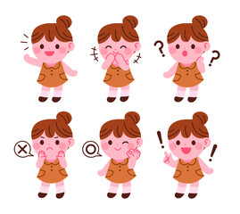 A girl expresses various emotions. Greetings, laughter, wonder, surprise, ok, no. Kindergarten girl character collection vector illustration.