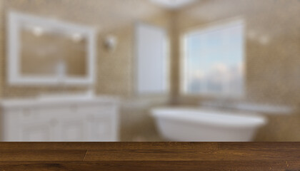 Background with empty table. Flooring. Clean and fresh bathroom with natural light. 3D rendering.. Empt