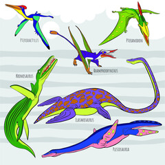 Icons of prehistoric reptile monsters. Outline of Pterodactylus, Pteranodon and Rhamphorhynchus, Elasmosaurus and Plesiosauriar, Kronosaurus © Оксана Чумакова