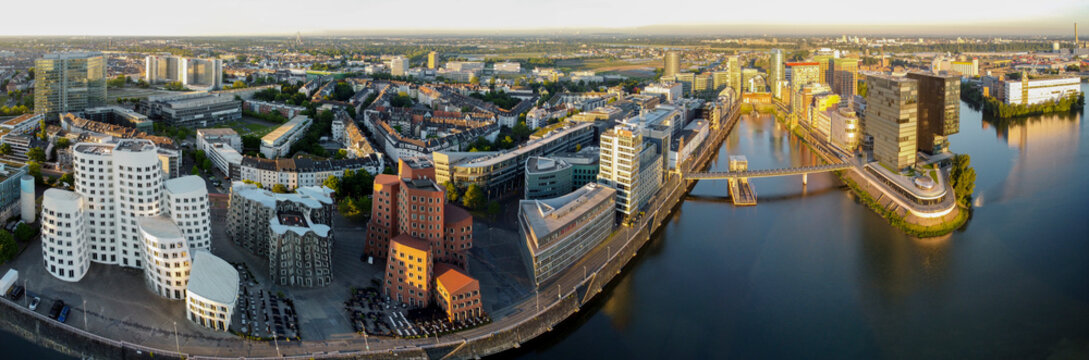 Modern Architecture at the Media Harbour at sunrise;  D&uuml;sseldorf, North Rhine Westphalia, Germany