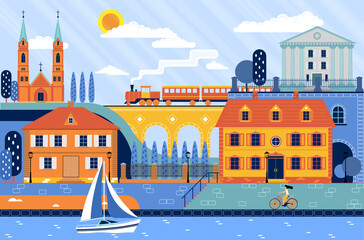  Retro style cityscape at river shore, Cartoon vector illustration
