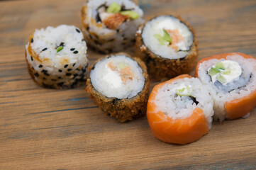 sushi on wood table