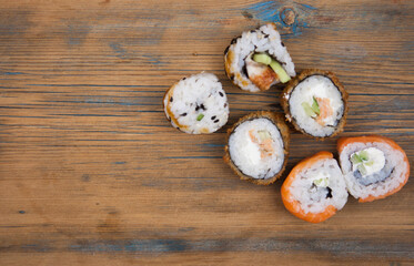 sushi on wood table