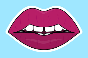 Lips. Sticker on a white backing. Colored vector illustration. Cartoon style. Isolated delicate background. Idea for web design, invitations, postcards, stickers. The seductive mouth is slightly open.