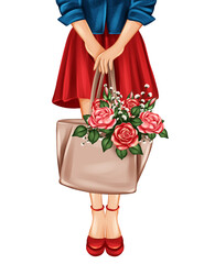 Fashion sketch of girl with bag and roses bouquet