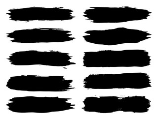 Vector collection or set of artistic black paint, ink or acrylic hand made creative brush stroke backgrounds isolated on white as grunge or grungy art, education abstract elements frame design