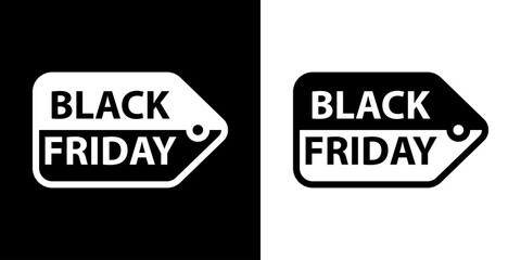 Banner con logotipo con texto Black Friday en etiqueta de precio en fondo blanco y fondo negro