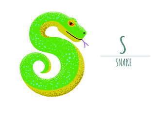 Cute green snake in the shape of the letter - S. children's alphabet. poster, postcard.