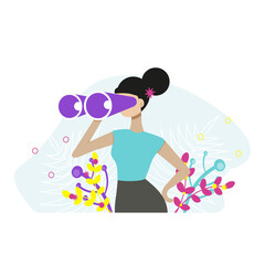 Woman holding huge binocular and looking far ahead. Vector illustration for observation, discovery, future concept. Flat vector illustration.