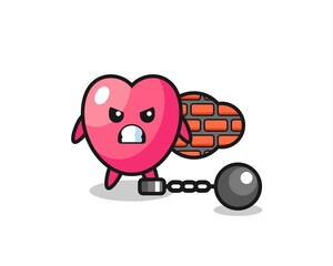 Character mascot of heart symbol as a prisoner