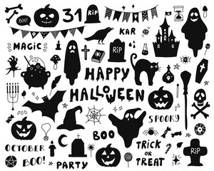 A set of silhouettes for Halloween on a white background. Vector illustration with characters, decor of postcards, flyers, posters