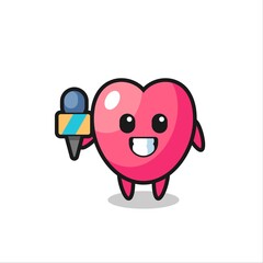 Character mascot of heart symbol as a news reporter