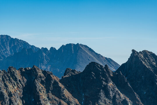 Gerlachovsky stit, Koncista and Satan mountain peaks from Furkotsky stit mountain peak in Vysoke Tatry mountains in Slovakia