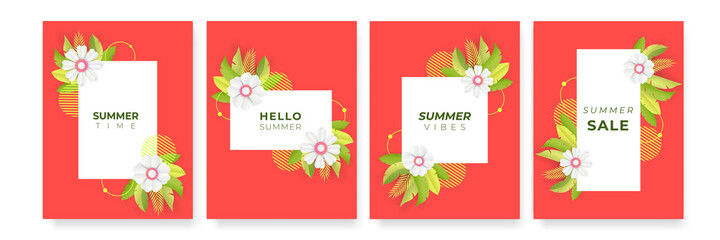 Flower cards. A set of vector illustrations. Spring and summer backgrounds. Flowers, leaves , branches . Watercolor background, pastel colors.