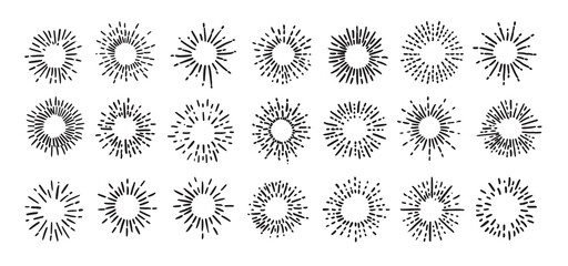 Sun rays images on black background. Firework hand drawn icons set. Vector.	
