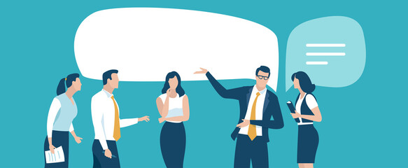 Business illustration template with copy space. The manager points to the text. The team stands around. Vector illustration.