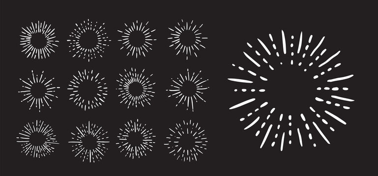 Sun rays images on black background. Firework hand drawn icons set. Vector.	
