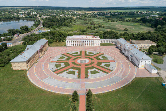 Aerial summer view of Tulchin palace ansamble  located in Tulchin town, Podillya, Vinnytsa region, Ukraine,2021.