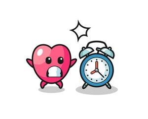 Cartoon Illustration of heart symbol is surprised with a giant alarm clock