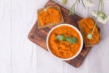 Squash spread, zucchini caviar and ingredients. Healthy food
