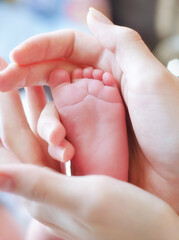 The baby's little leg is in his mother's hands