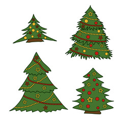 Set of four green Christmas trees decorated with garlands, balls and stars.Colored isolated illustrations in doodle style with an outline on a white background.