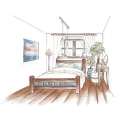 ナチュラル、ヴィンテージインテリアの寝室のイラスト
