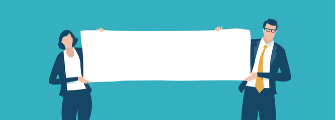 The message. Couple of two business persons holding a white panel. Place for your copy text. Business vector illustration