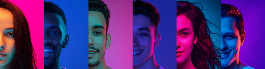 Cropped portraits of group of people on multicolored background in neon light, collage.